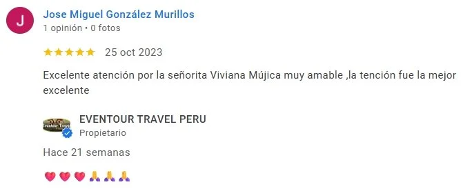 Reseña de un servicio de viaje en Perú, con calificación de 5 estrellas y comentarios positivos sobre el trato y la atención.