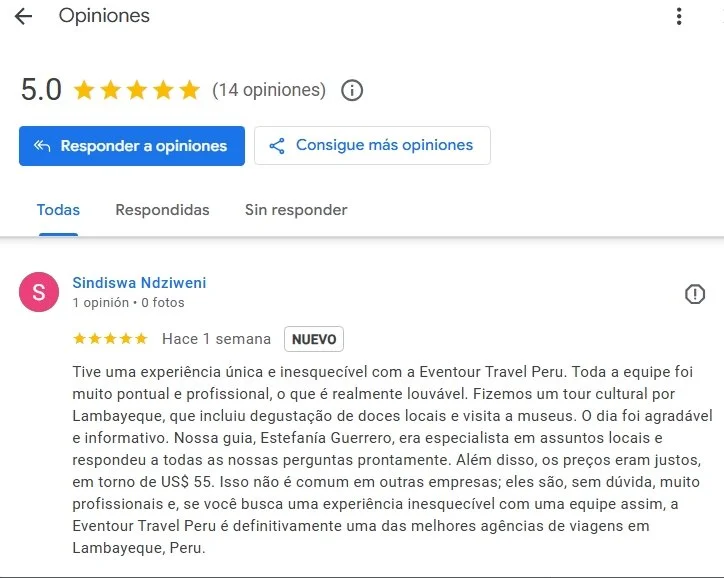 Reseña positiva de una experiencia con Eventour Travel Perú, destacando tour cultural en Lambayeque, precios justos, y atención profesional.