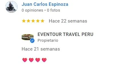Captura de pantalla de un perfil en una plataforma de reseñas, mostrando el nombre Juan Carlos Espinoza, sin opiniones ni fotos, con una calificación de cinco estrellas, y una reseña de Eventour Travel Perú con corazones rosados.
