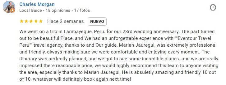 Reseña de viaje en Lambayeque, Perú, con fotos del viaje y detalles de la experiencia de la pareja