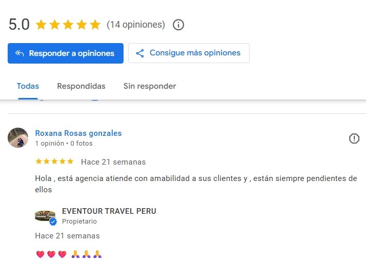 Reseña en Google con calificación de 5 estrellas, comentarios positivos y logos de una agencia de viajes llamada EVENTOUR TRAVEL PERU.