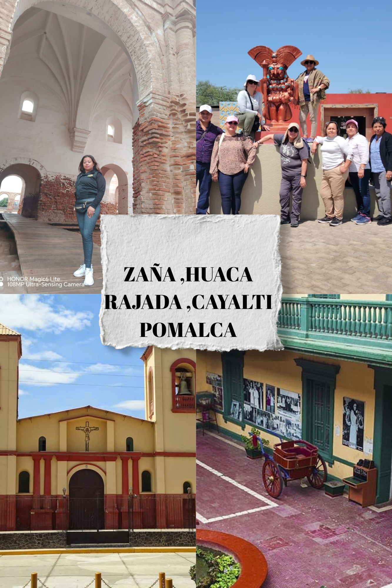 Imagen dividida en cuatro partes: la esquina superior izquierda muestra una estructura antigua de ladrillo y piedra con arcos y ventanas pequeñas; la esquina superior derecha presenta un grupo de personas posando junto a una escultura de madera de un dios o santo maya en un espacio abierto con cielo claro; la parte inferior izquierda muestra la fachada de una iglesia color amarilla y roja con un crucifijo y columnas laterales; la parte inferior derecha revela una calle empedrada con edificios tradicionales, una bicicleta con cesta, y murales en la pared.