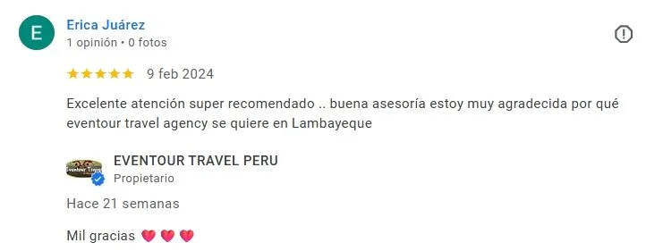 Reseña de un cliente en línea agradeciendo la atención de Euventour Travel Perú y recomendando sus servicios en Lambayeque, con cinco estrellas y corazones.