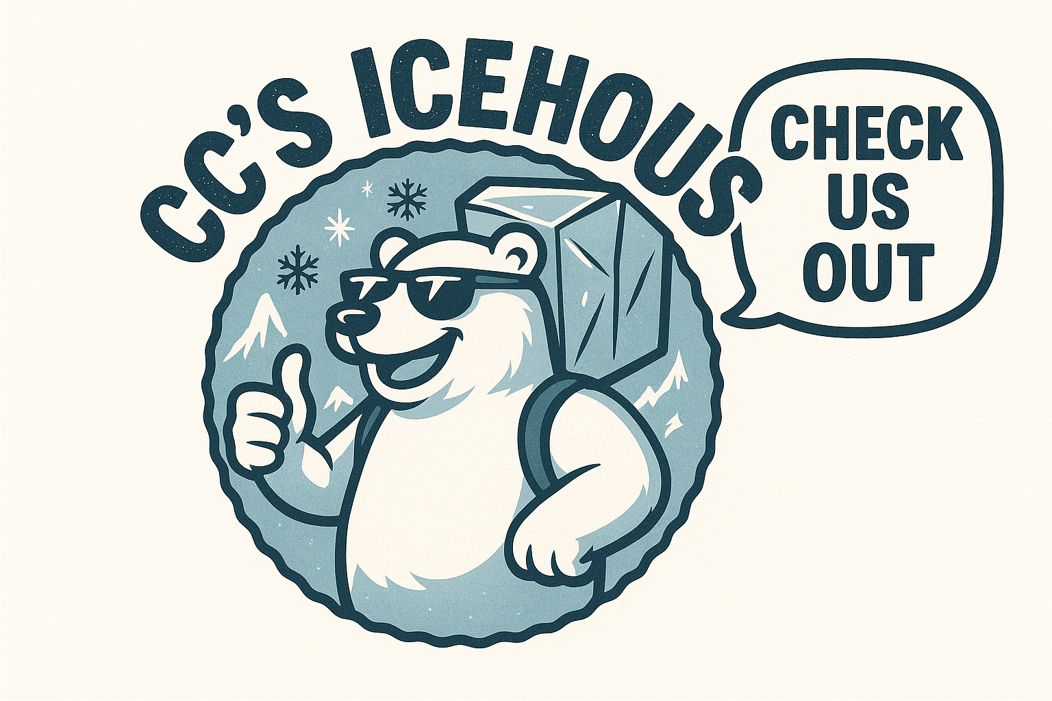 A cartoon polar bear wearing sunglasses, giving a thumbs-up, with a backpack and ice and mountain scenery in the background. Text says, 'C&C's ICEHOUSE CHECK US OUT' and a speech bubble says, 'CHECK US OUT'.
