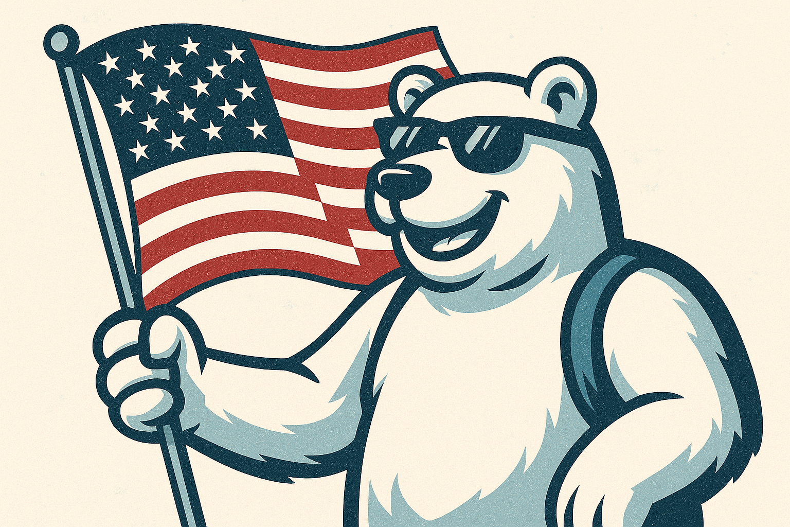A cartoon bear wearing sunglasses, holding an American flag and smiling.