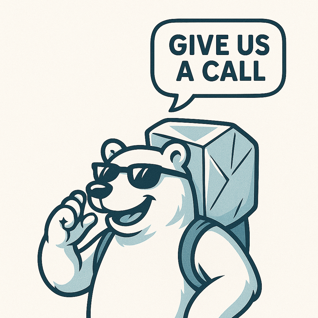 A cartoon bear wearing sunglasses and a backpack with a radio, saying 'Give us a call' in a speech bubble.