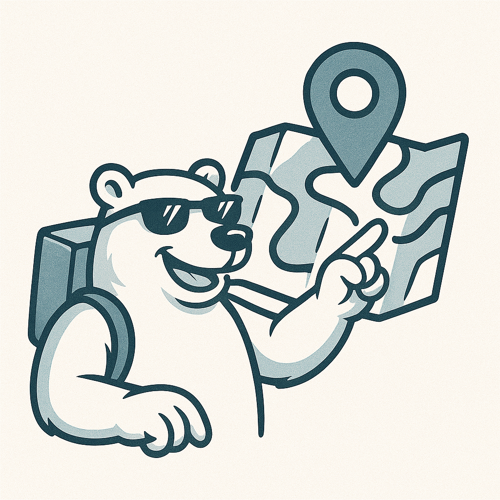 Cartoon bear wearing sunglasses, holding a map with a location pin.