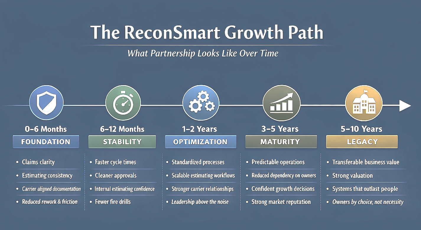 A graphic titled 'The ReconSmart Growth Path: What Partnership Looks Like Over Time,' illustrating five stages of growth for a partnership: foundation (0-6 months), stability (6-12 months), optimization (1-2 years), maturity (3-5 years), and legacy (5-10 years). Each stage has bullet points detailing key features.