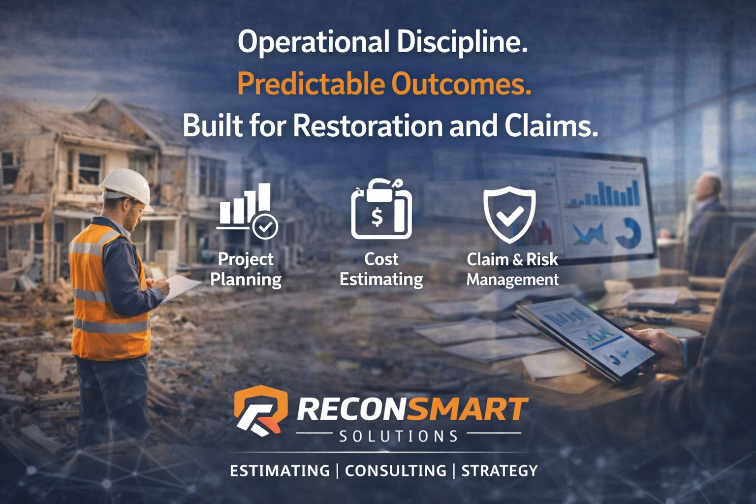 A construction worker in a safety vest and helmet reviewing plans at a building site with text overlay promoting operational discipline, predictable outcomes, and restoration solutions, including project planning, cost estimating, and claim & risk management.