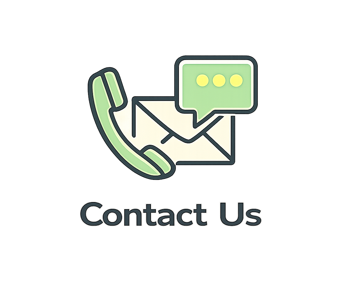 Icon of a green landline phone, an envelope, and a green speech bubble with three yellow dots, with the text "Contact Us" below.