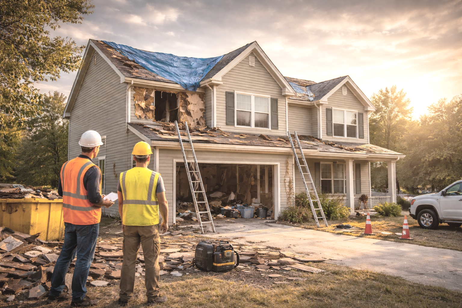 Two construction workers in safety vests and helmets inspect the damage to a house after a fire, with ladders leaning against the house and debris scattered on the ground.