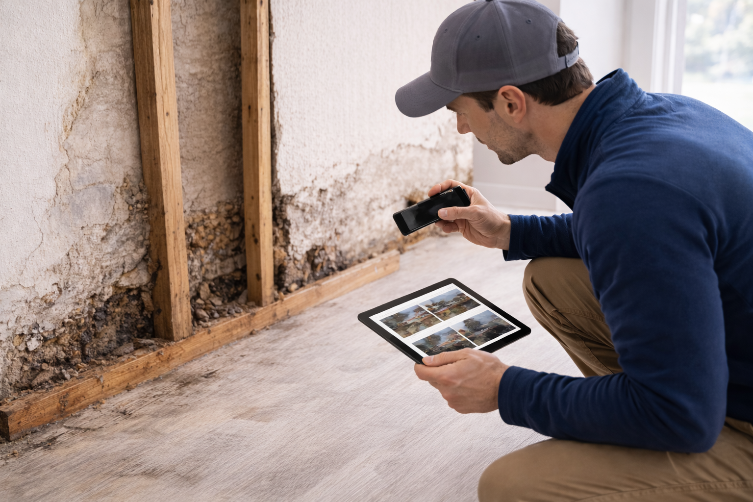 A man squatting inside a room, taking a photo with a smartphone of a wall with exposed wooden studs and damaged wall material, with a tablet in his other hand displaying photos of the same wall.