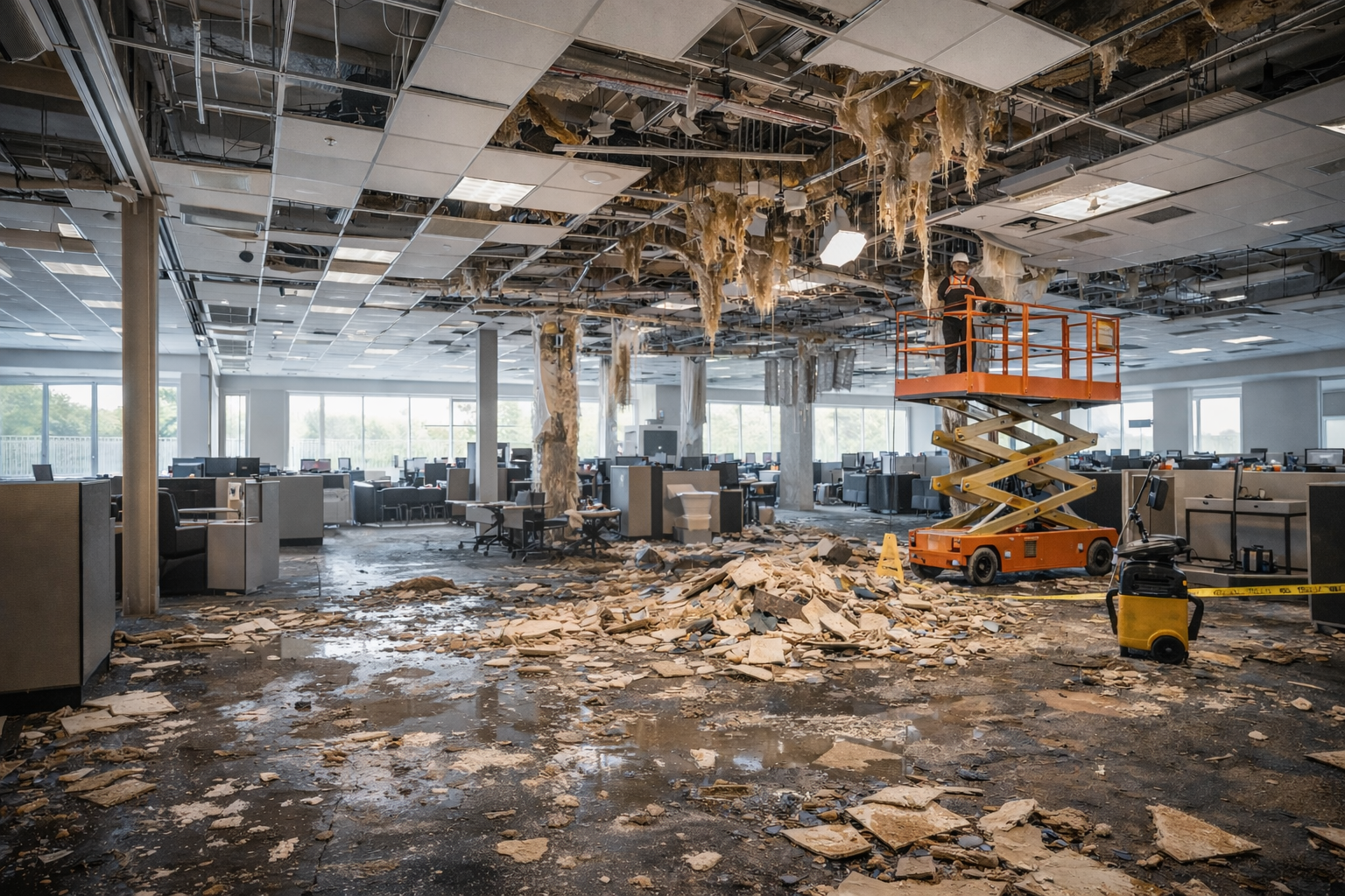 Office space under renovation with ceiling tiles removed, debris on the floor, and a worker on an elevated lift inspecting the ceiling.