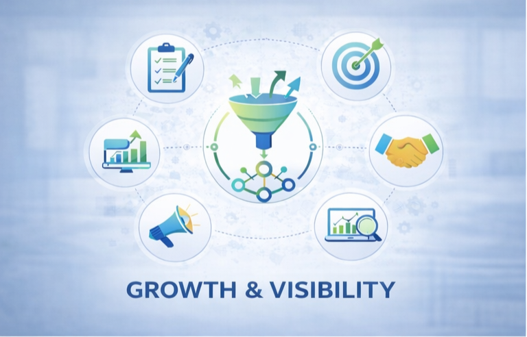 Diagram illustrating growth and visibility with icons of a checklist, target, handshake, chart, megaphone, and analytics, centered around a funnel.