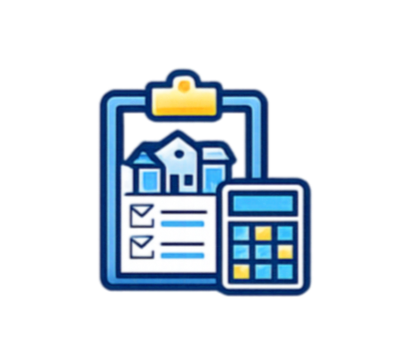 Icon of a house on a clipboard with checkmarks and a calculator, representing property management or real estate accounting.