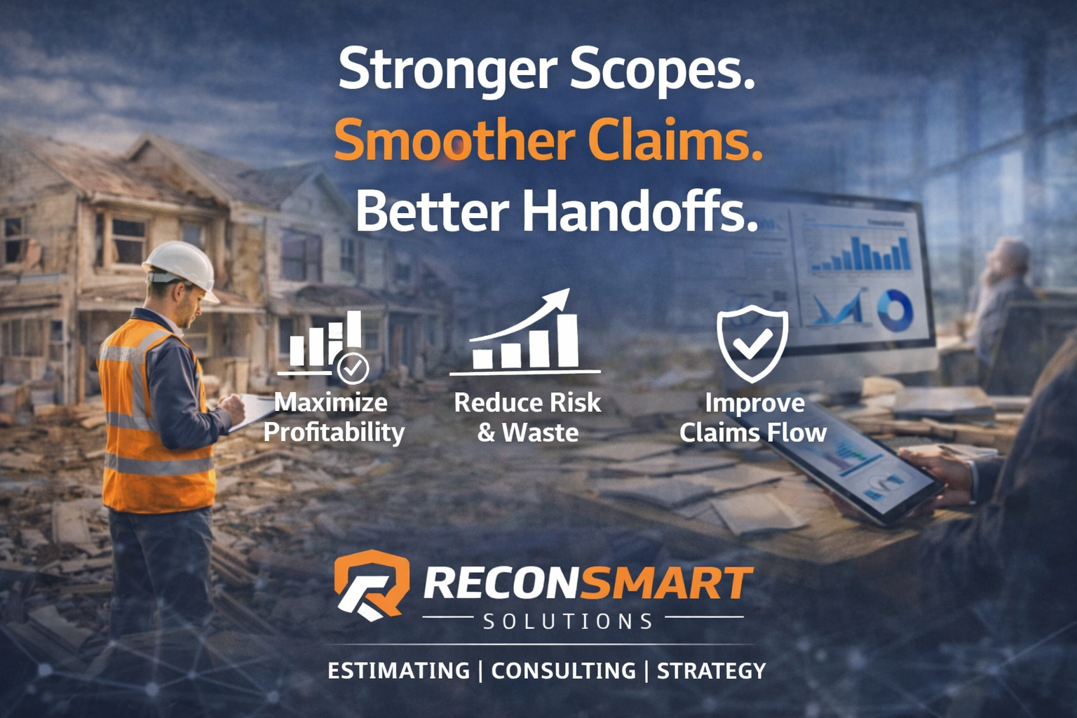 A construction site with damaged houses and a person wearing a hard hat and safety vest, overlaid with text and icons promoting a company's claims management solutions.