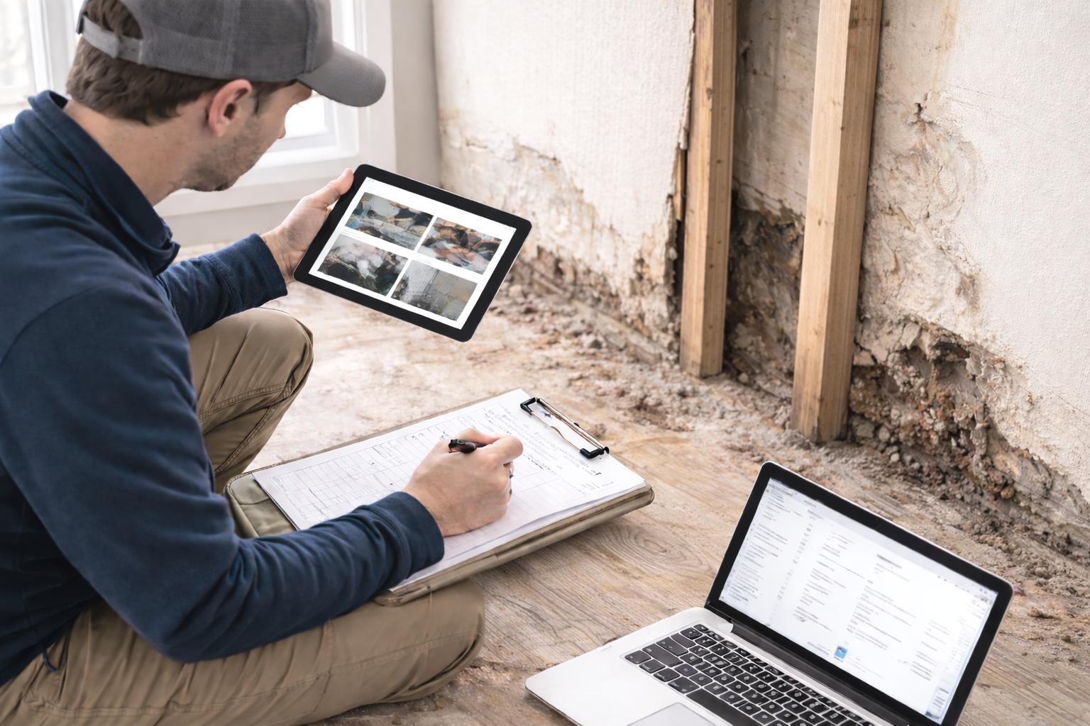 Man reviewing renovation plans and inspection images during construction or renovation project.