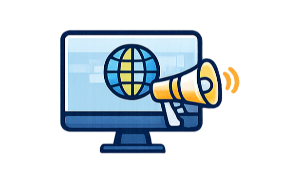 Computer monitor displaying a globe, with a megaphone in front of it.