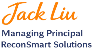 Logo for Jack Lin, Managing Principal, ReconSmart Solutions with stylized text in orange, purple, and blue.