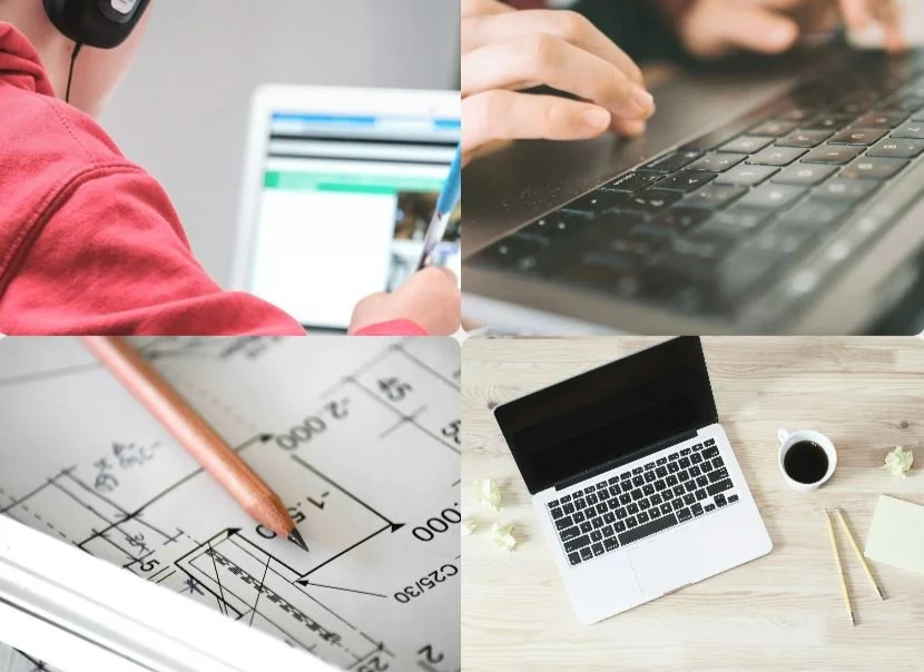 Collage of four images: person with headphones and writing on a tablet, close-up of hands typing on a laptop keyboard, technical blueprint with a pencil pointing, and a top-down view of a laptop, coffee, and office supplies on a desk.