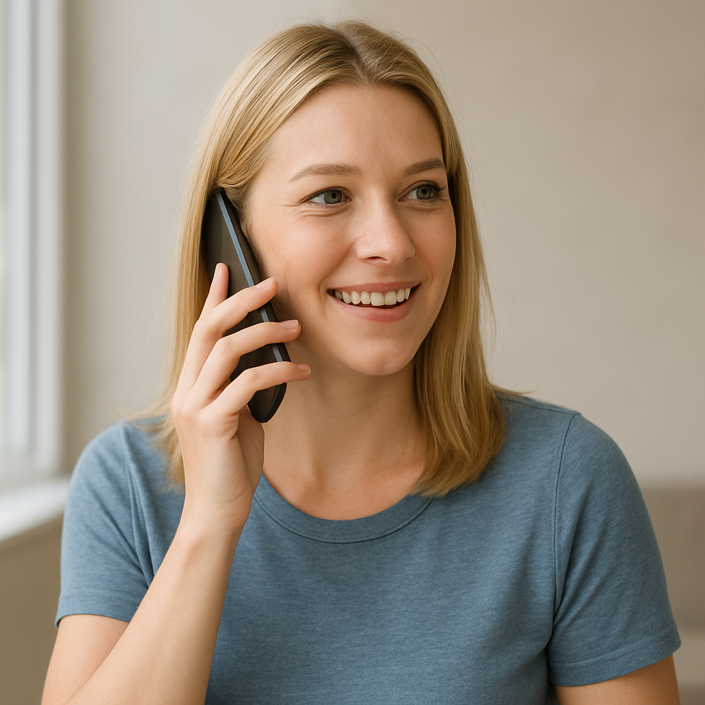 A woman with blonde hair smiling while talking on a smartphone.