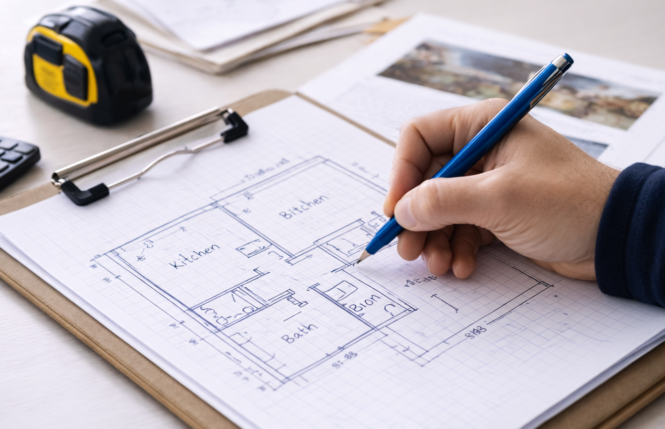 Person working on a detailed blueprint of a house layout with rooms labeled Kitchen, Bathroom, and Bitchen, on a clipboard, with a tape measure, newspaper, and photo nearby.