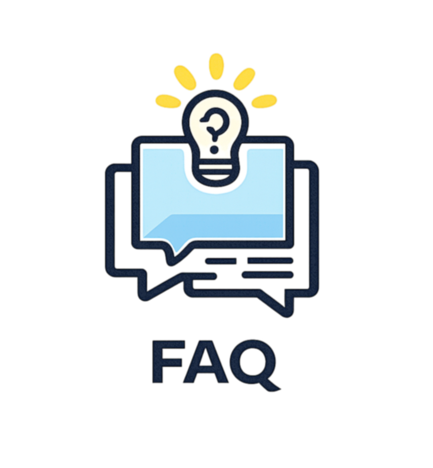 Icon with speech bubbles, a light bulb with a question mark, and the text 'FAQ'.