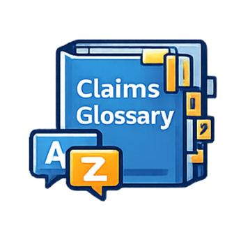 Illustration of a claims and glossary book with alphabet tabs and speech bubbles with A and Z.