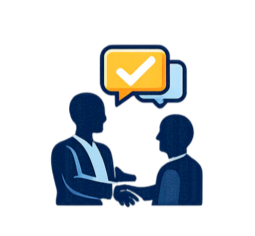 Two silhouetted businesspeople shaking hands with a speech bubble containing a checkmark above them.