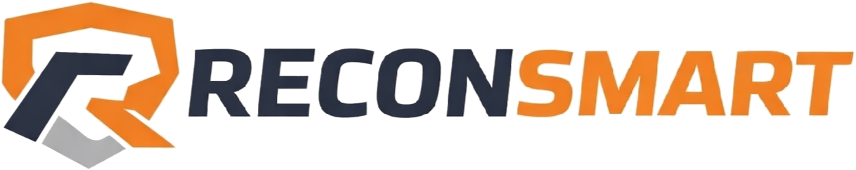 Logo with the text 'RECON SMART' featuring a stylized 'R' in orange and black.