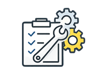 Clipboard with checkmarks, a wrench, and two gears, representing tools or maintenance.