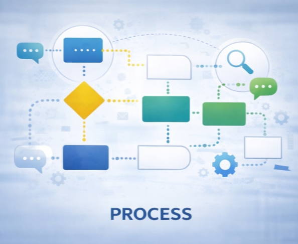 Flowchart diagram illustrating a process with interconnected steps, decision points, and icons representing communication, search, and gears, labeled 'PROCESS' at the bottom.