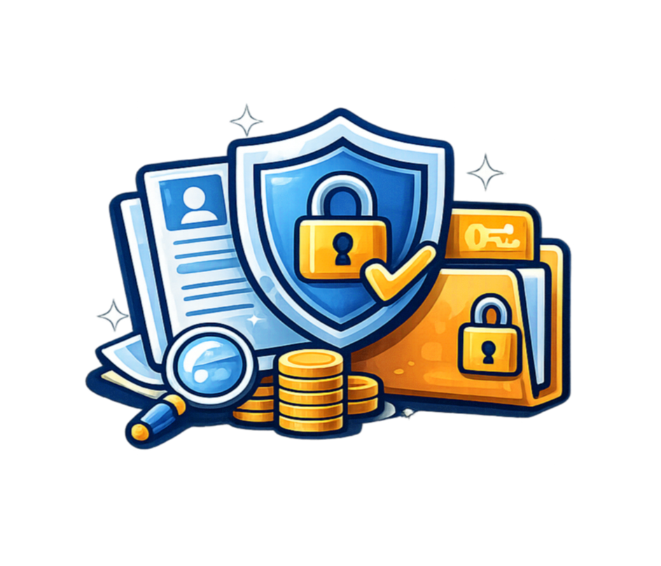 Illustration of security and privacy concepts with a shield, lock icons, a magnifying glass, a folder, a key, and stacked coins.