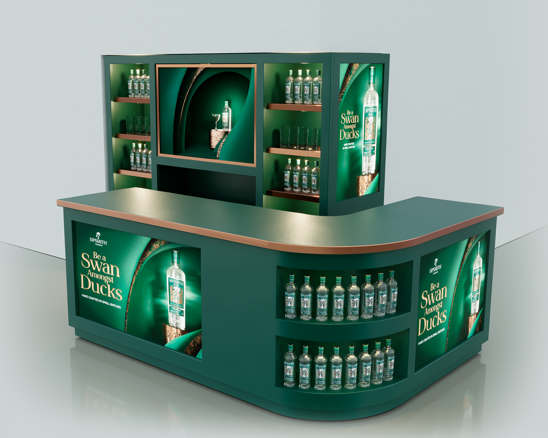 Display stand promoting SipSmith London Dry Gin, featuring bottles, glasses, and advertising graphics with the slogan "Be a Swan Amongst Ducks".