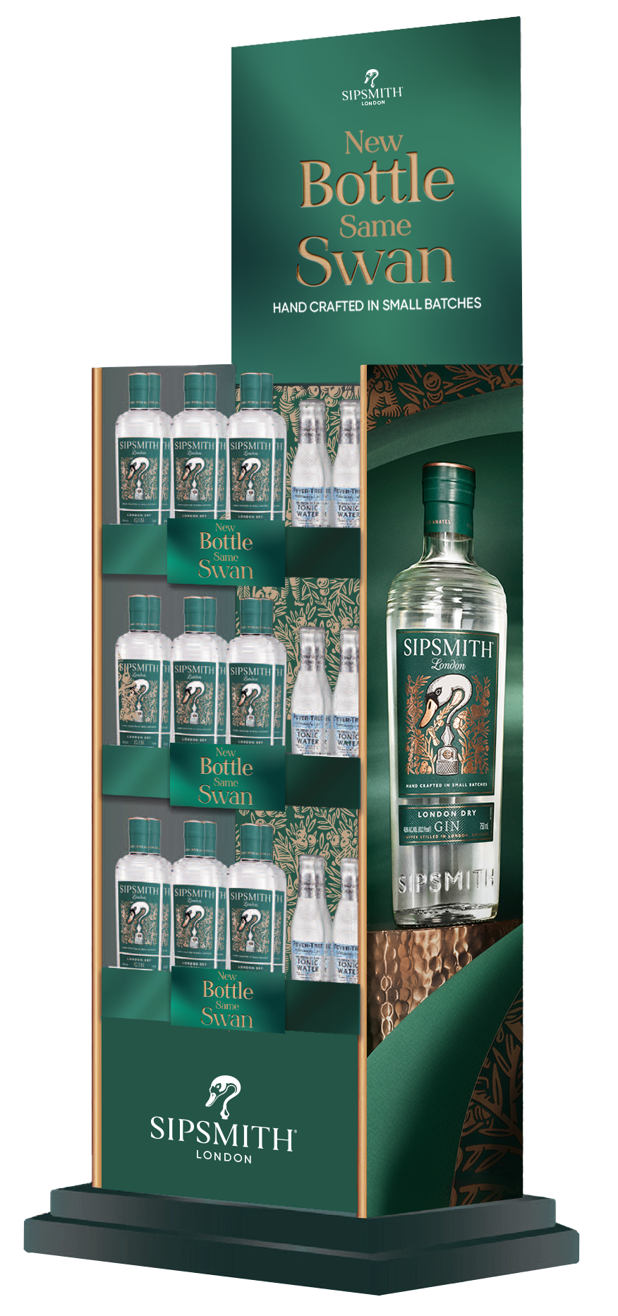 Display stand for Sipsmith London gin featuring bottles, mini bottles, and promotional signage emphasizing handcrafted small batch production and the new Bottle Same Swan branding.