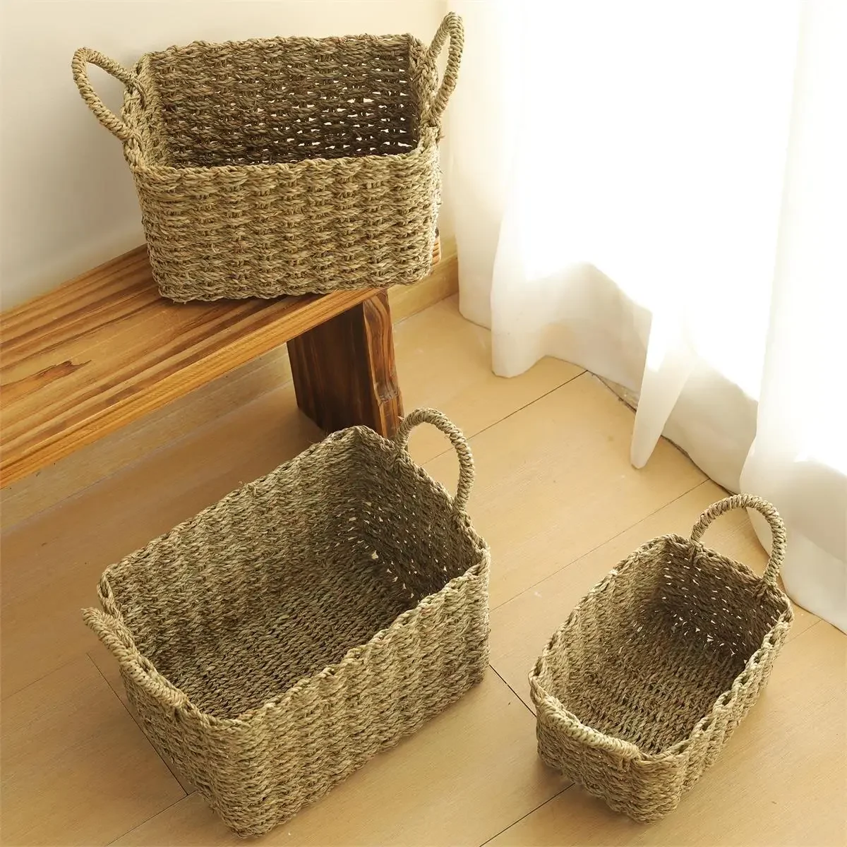 Storage Baskets with Handles Natural Grass - Set of 3