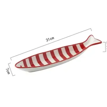 Hand Printed Fish Shape Ceramic Plate - Long Red