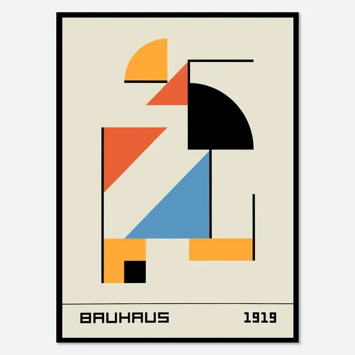 Abstract geometric poster with various colored shapes and lines, including orange, red, black, blue, and beige, with the text "Bauhaus 1919" at the bottom.