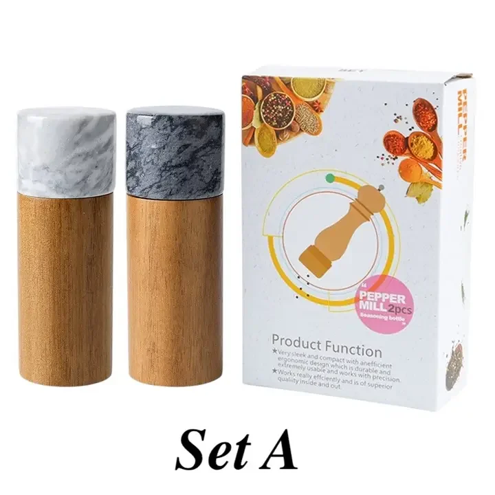 Marble & Acacia Wood Spice Grinder Set