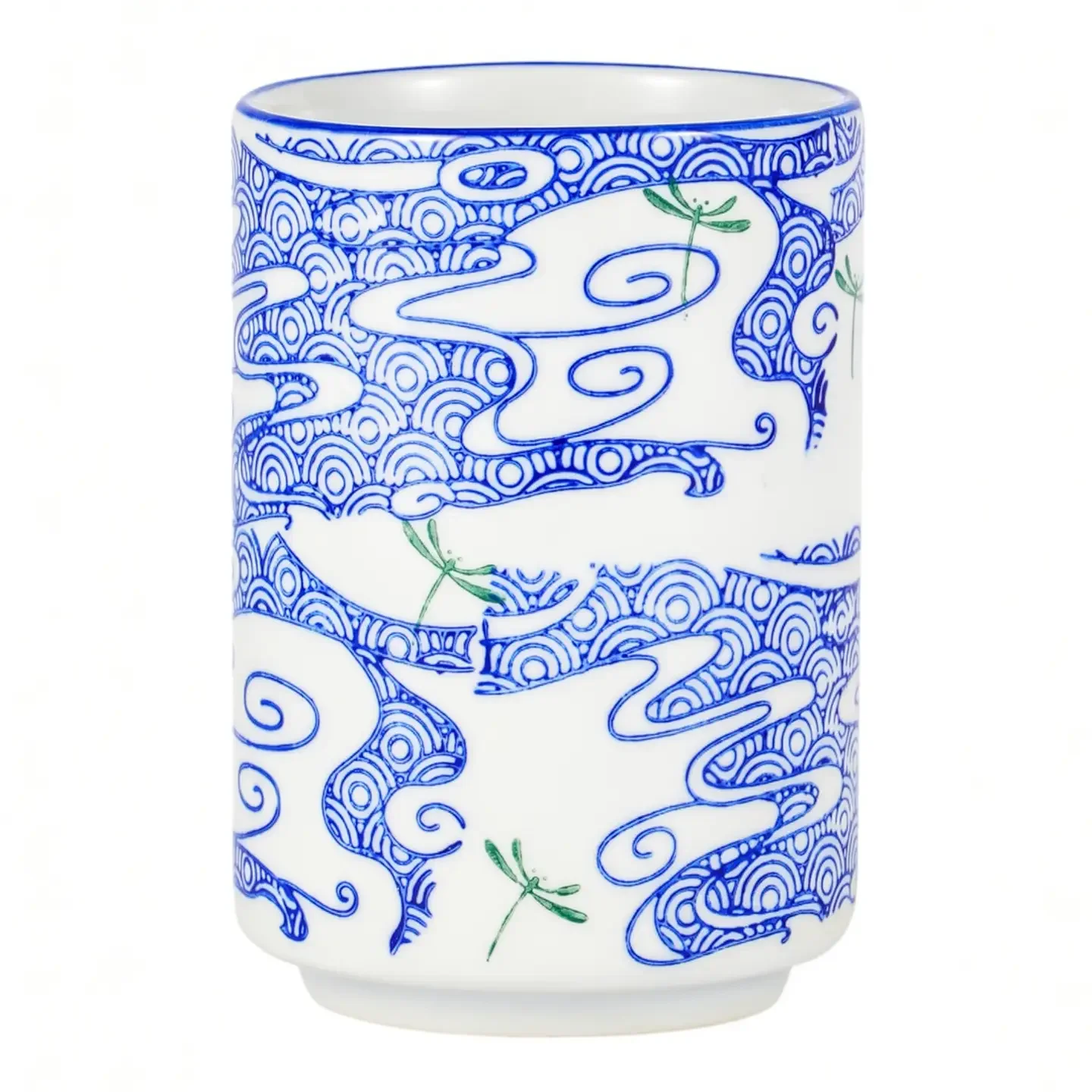 Dragonfly Tombo Blue White Porcelain Yunomi Tea Cup – 10 oz