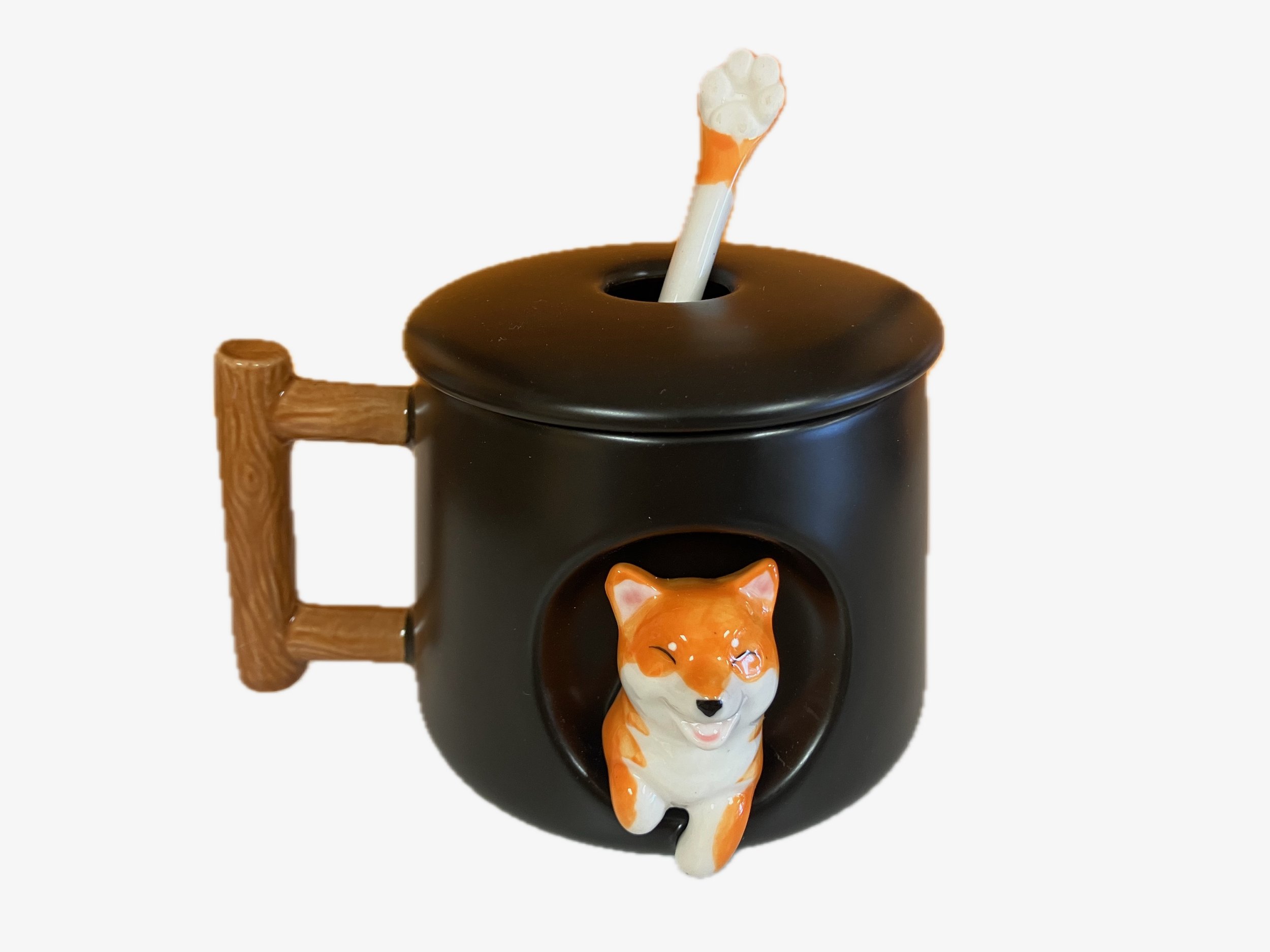 Shiba Inu Mug With Lid and Spoon - Black