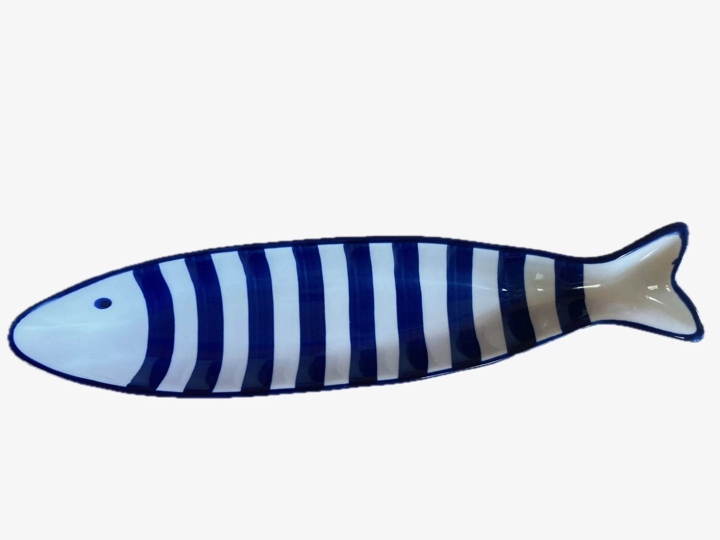 Hand Printed Fish Shape Ceramic Plate - Long Blue