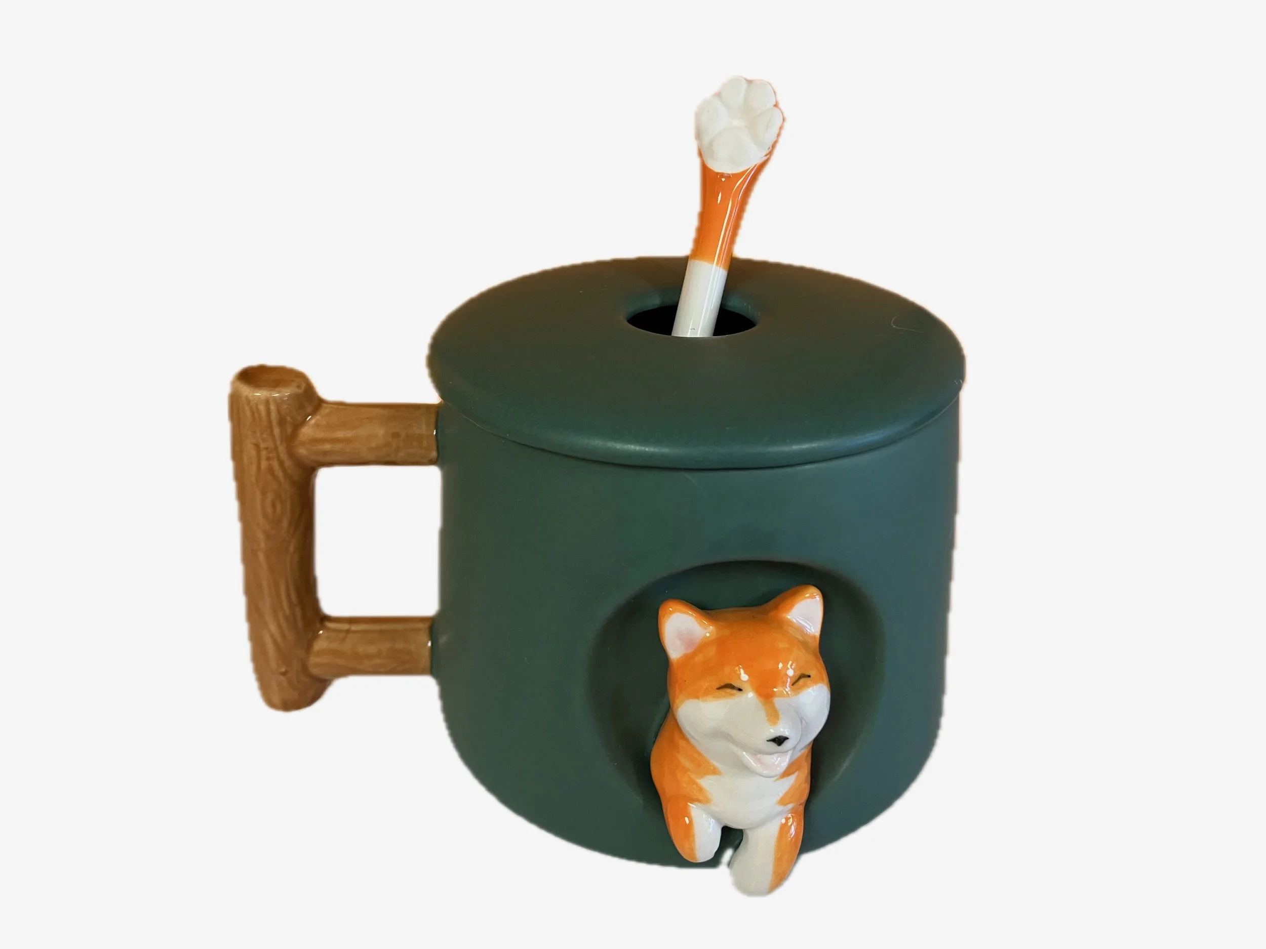 Shiba Inu Mug With Lid and Spoon - Green