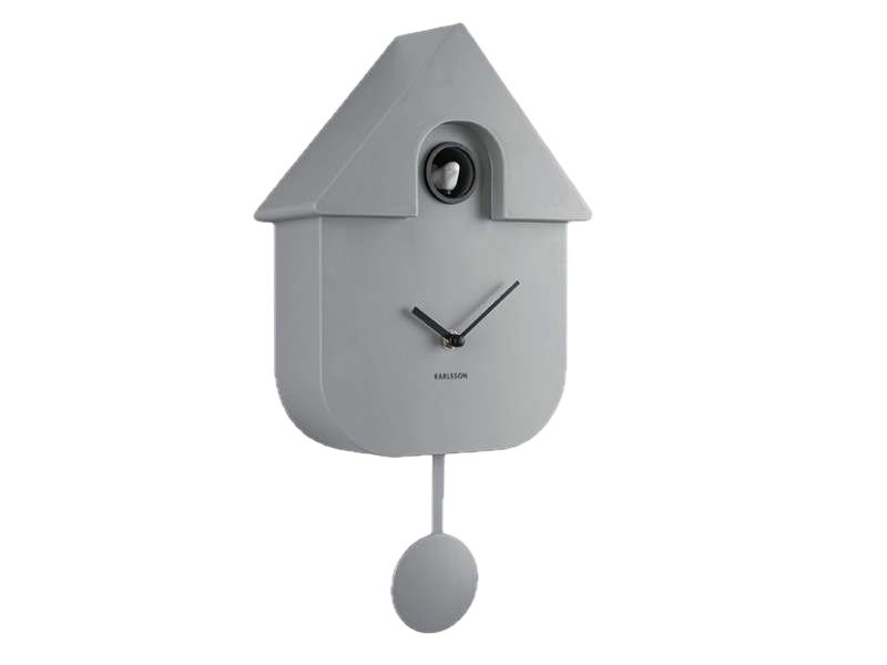 Gray cuckoo clock with a house-shaped top, a black clock face with hour and minute hands, and a pendulum hanging below.
