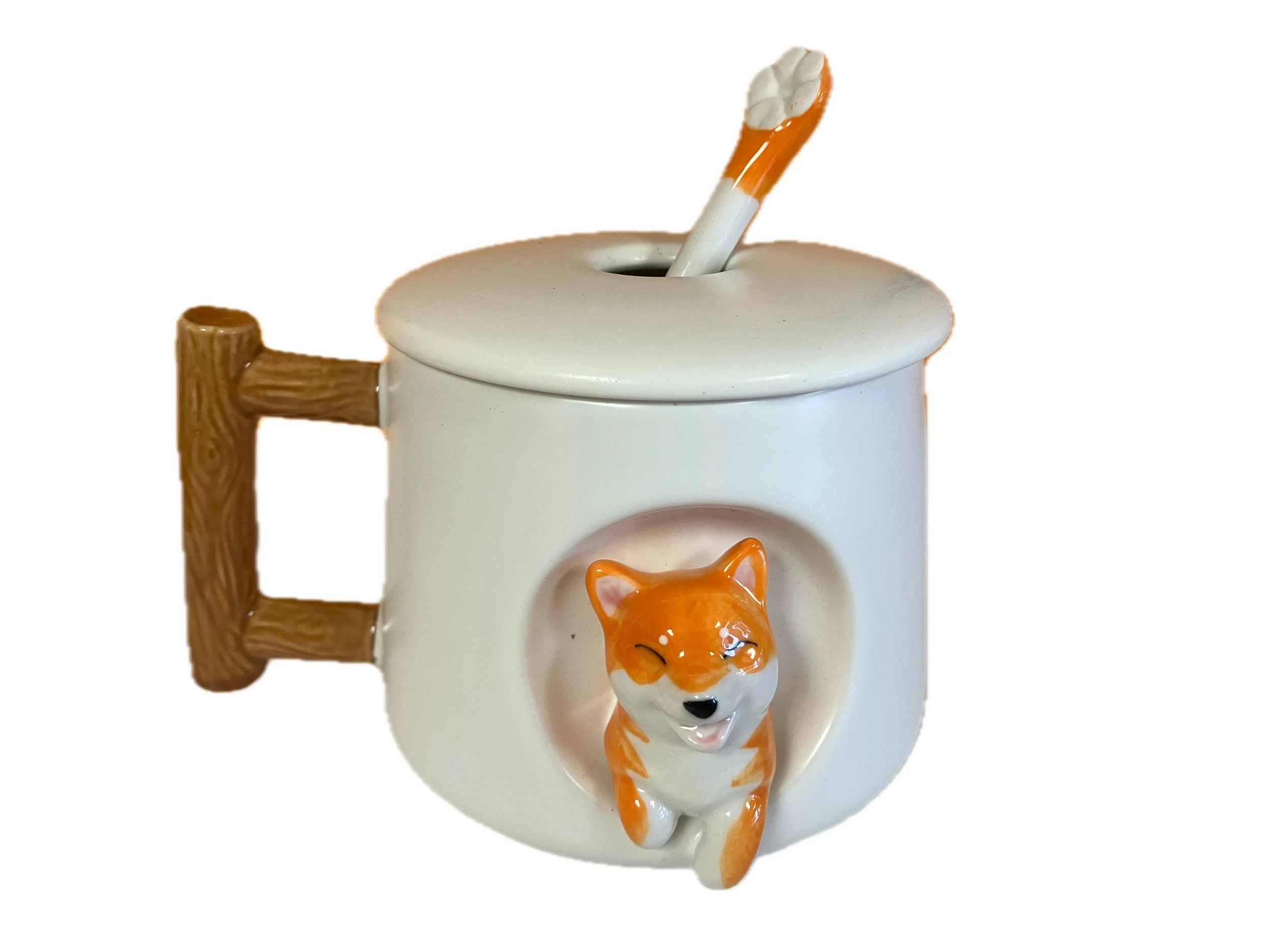 Shiba Inu Mug With Lid and Spoon - White