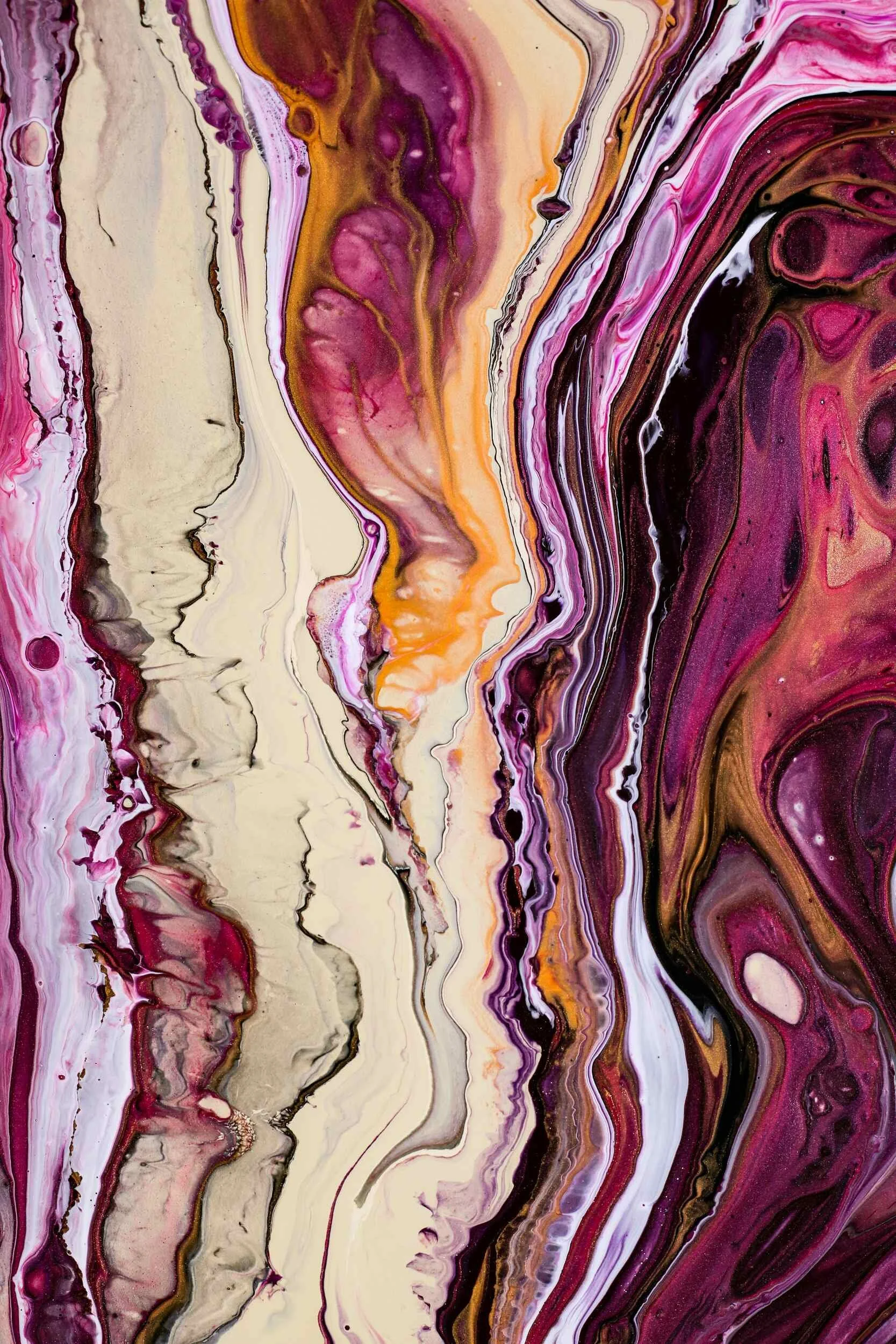Abstract painting with swirling patterns in shades of pink, purple, orange, black, white, and beige.