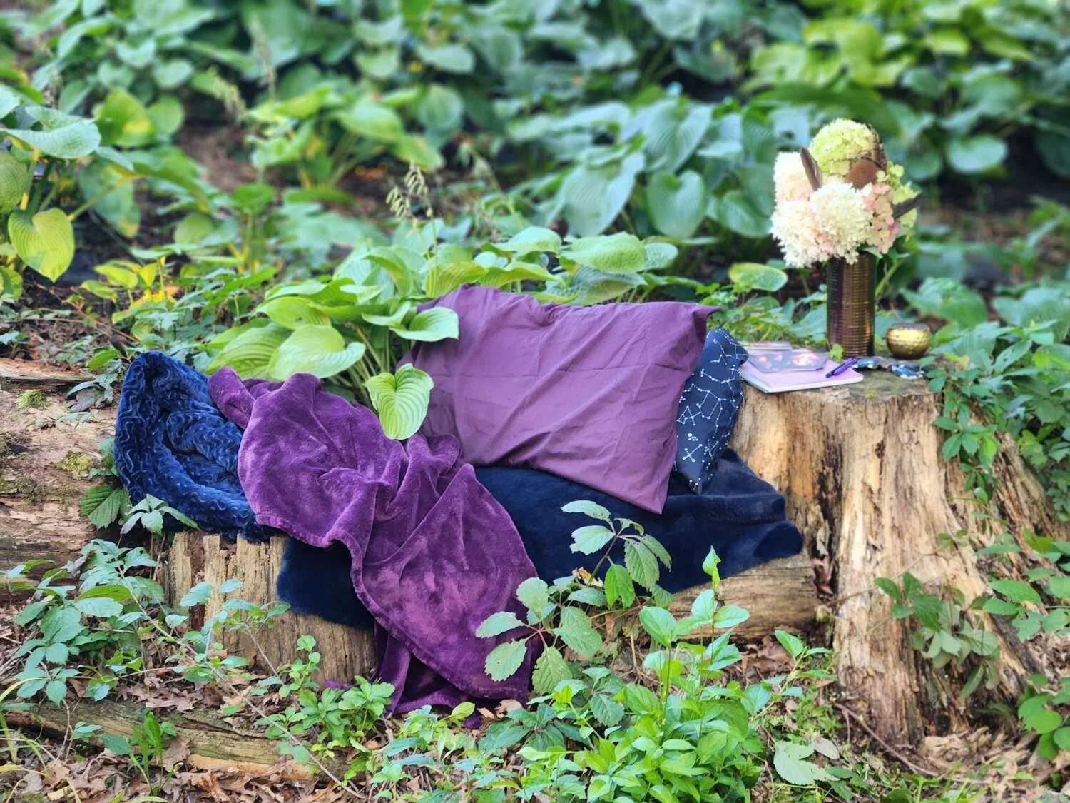 A cozy outdoor scene featuring a small purple sofa or chair with soft blankets and pillows, set on a tree stump in a lush green garden.