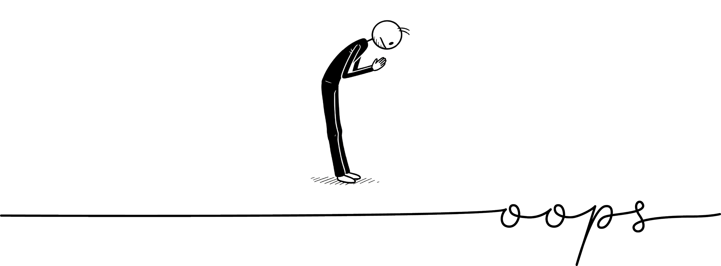 A simple black and white cartoon illustration of a person with a bald head bowing deeply in apology or submission, with hands pressed together in front of the chest.