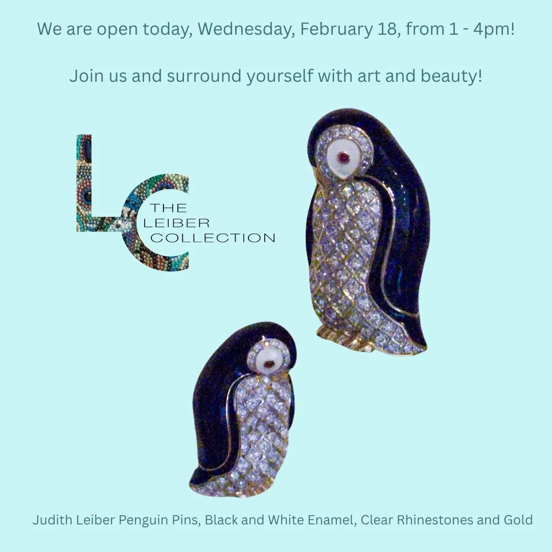 Judith Leiber Penguin Pins, Black and White Enamel, Clear Rhinestones, and Gold. We are open today, Wednesday, February 18, from 1 - 4 pm. The museum is warm and filled with art and beauty! #judithleiber #gersonleiber #art #love #beauty #surroundyour