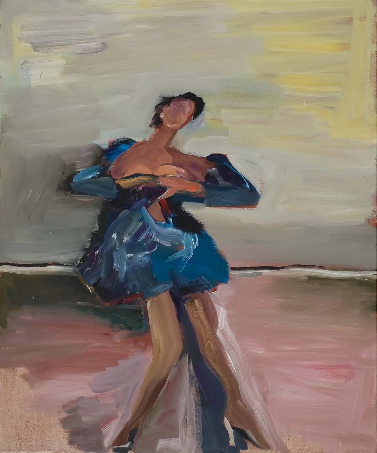 An abstract painting of a woman dancing or performing, wearing a blue dress, in a dynamic pose with an indistinct background.